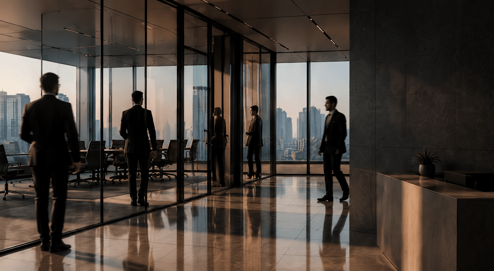 Lawyers walking through a glass-walled office with the city skyline beyond