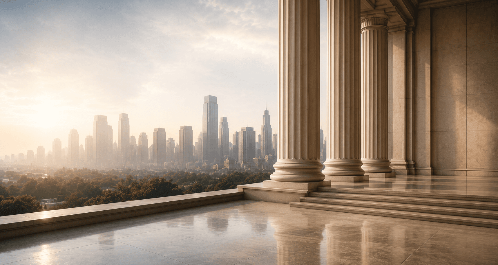 Classical marble columns overlooking the city skyline