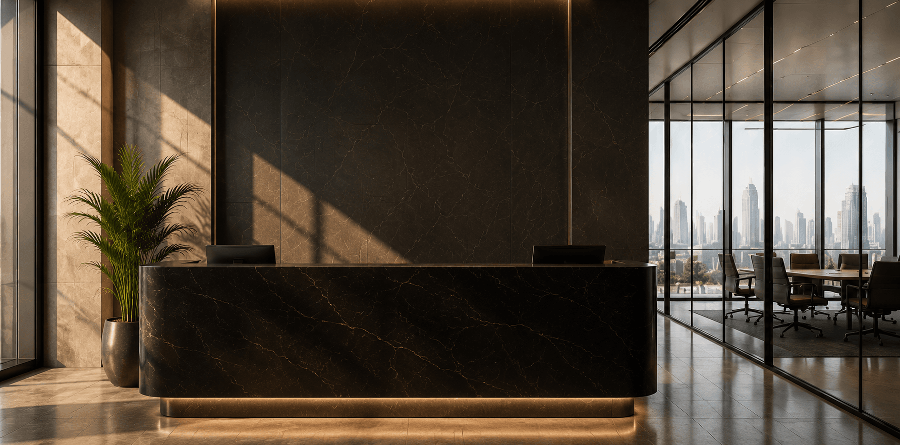 Sisodiya & Associates reception desk with the city skyline beyond
