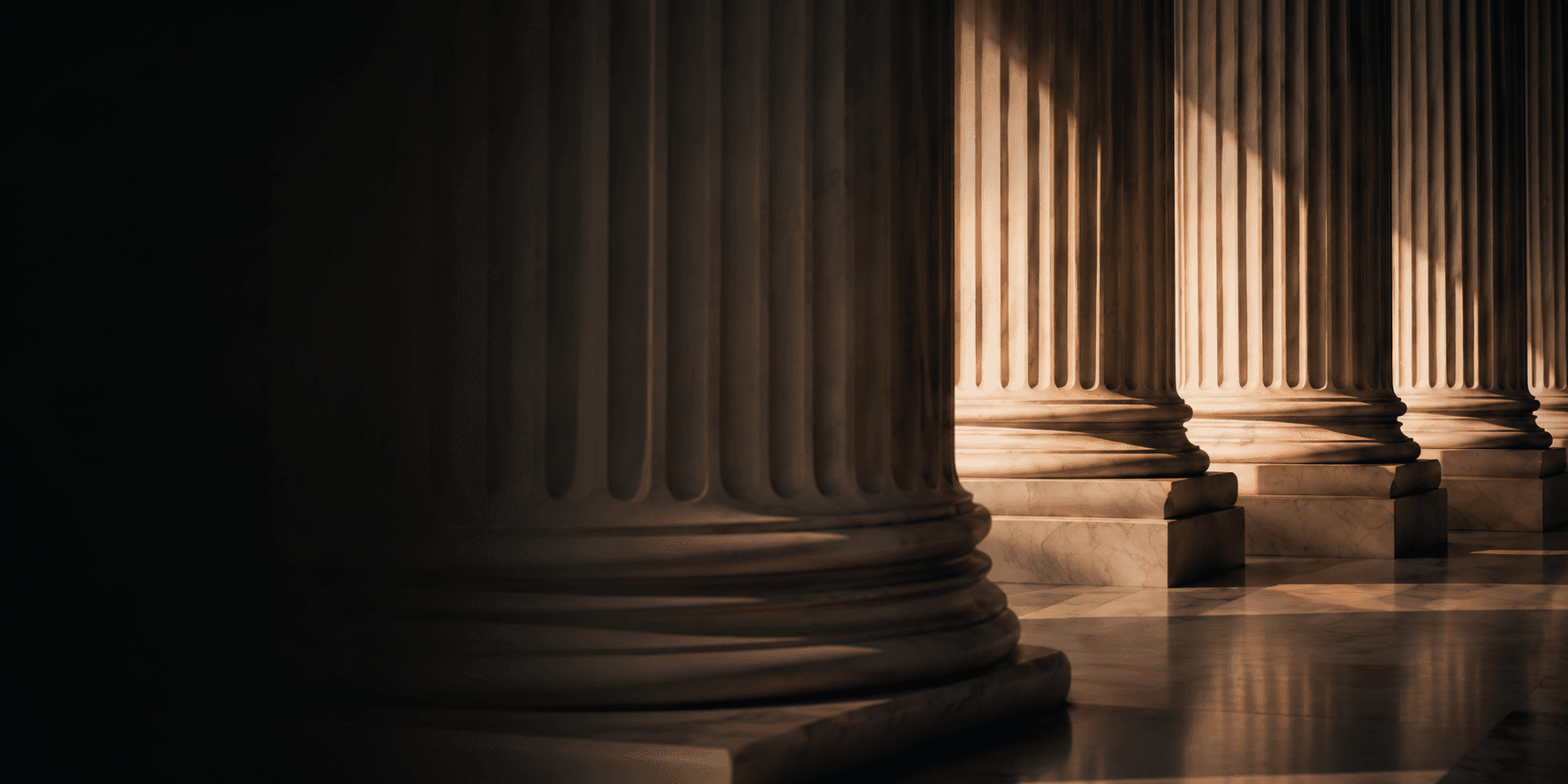 Classical courthouse columns in warm light