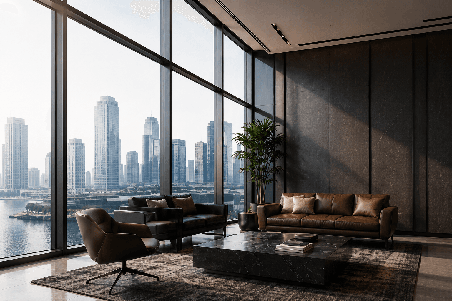 Sisodiya & Associates office lounge overlooking the city skyline