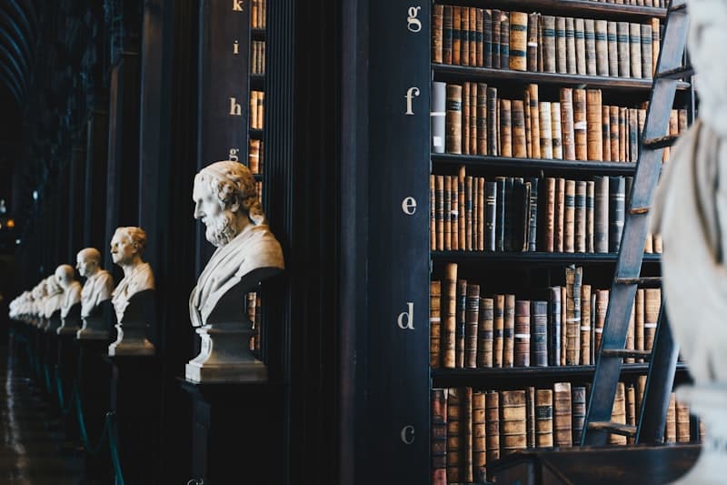 A classical law library with sculpted busts and rows of books